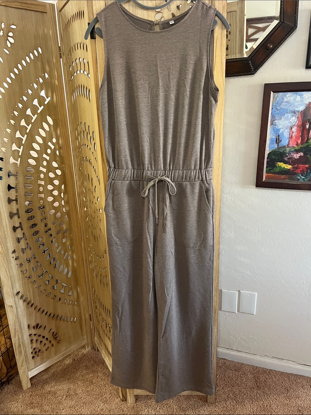Sleeveless Taupe Knit Jumpsuit with Drawstring Waist